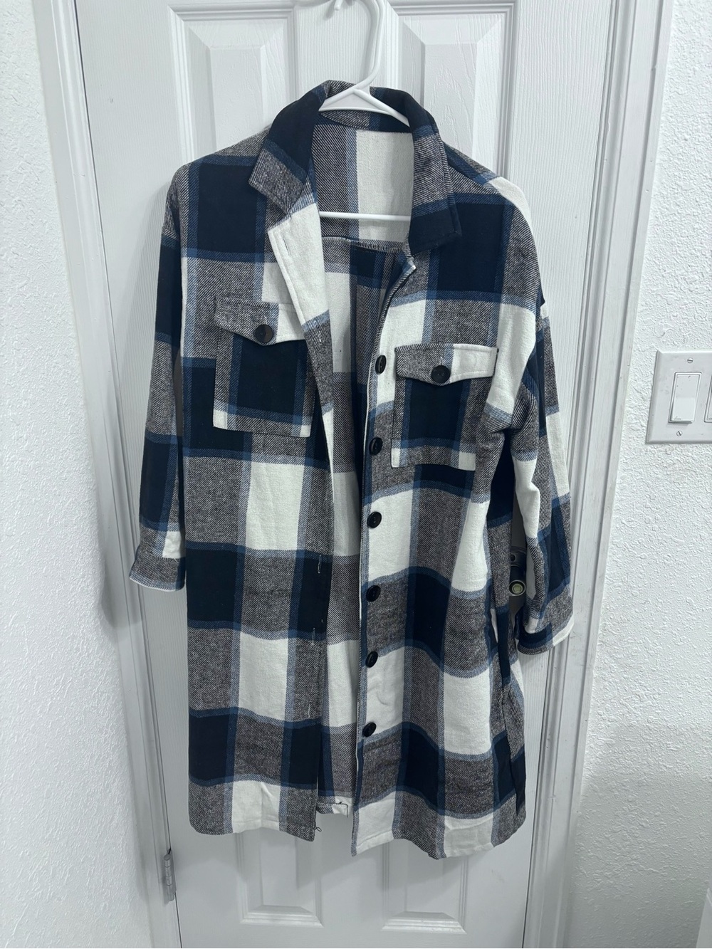 Long Plaid Shacket in Navy, Gray & White